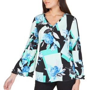 Alfani Floral Printed Ruffle-Trim V-Neck Top NWT
